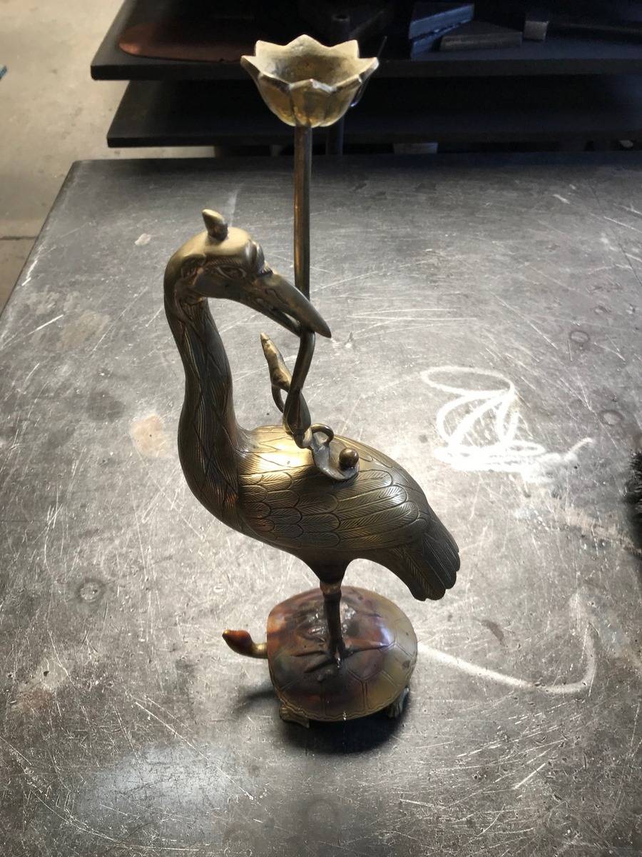 Brasure statue bronze laiton héron sur tortue