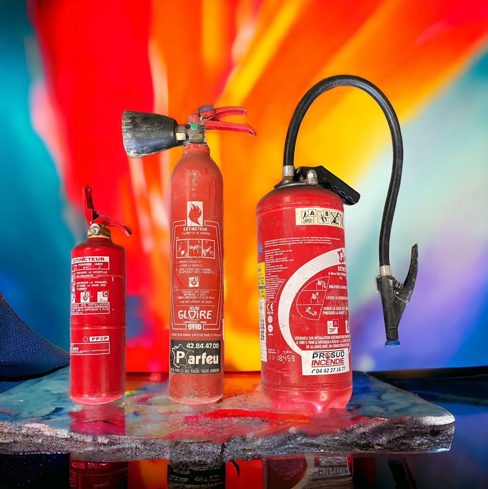 Extincteurs et bidons décoratifs dans nos ateliers de Berre l'Etang proche de Marseille